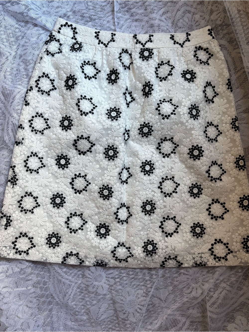 SD Collection White A-Line Eyelet Skirt with Black Floral Accents